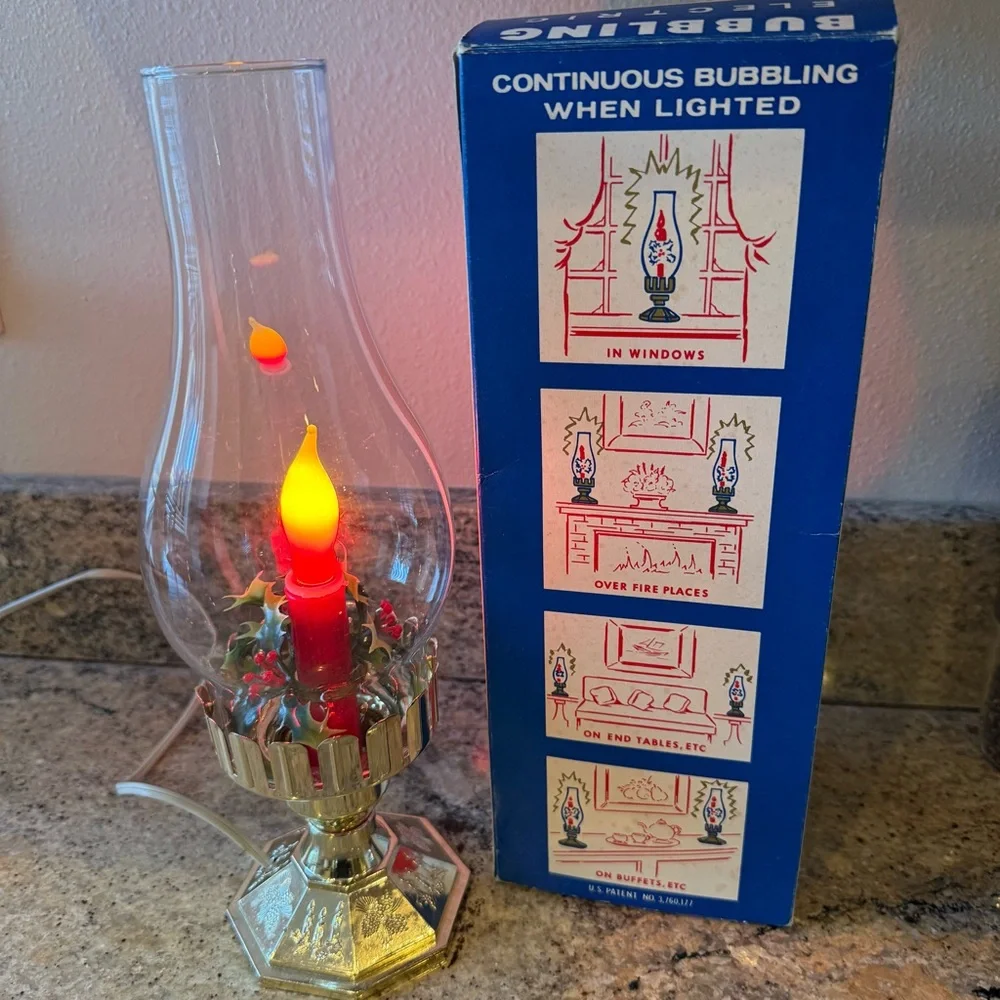Vintage ACLA Electric Christmas Hurricane Candle Lamp with Holly.